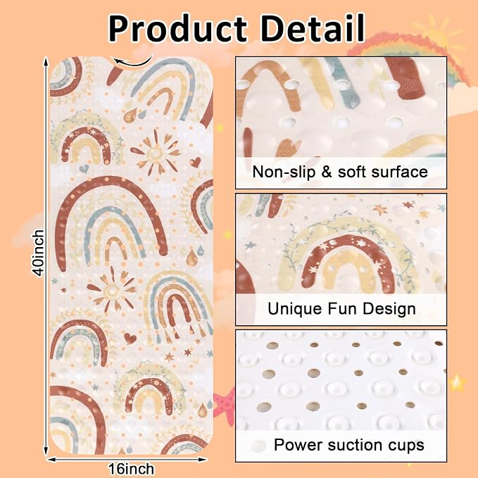 Topotdor Baby Bathtub Mat Non Slip for Kids, 40 X 16 Inch Cute Cartoon Bath Tub Shower Mat Anti Slip with Suction Cups & Drain Holes, Boho Rainbow