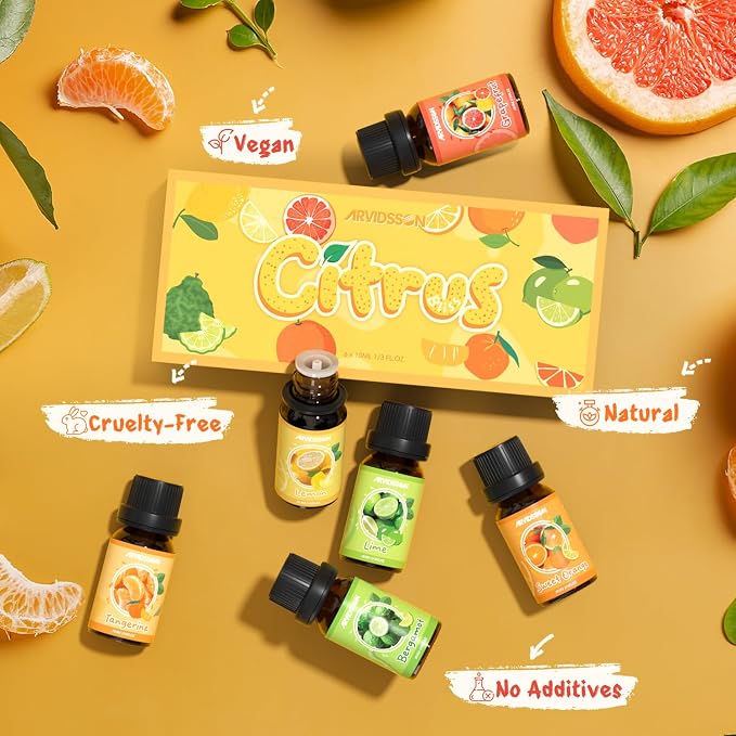 ARVIDSSON Citrus Essential Oils Set, Natural Fruit Essential Oil for Diffuser, Candle Making - Grapefruit, Bergamot, Sweet Orange, Lemon, Lime, Tangerine, Citrusy Scented Oils for Home