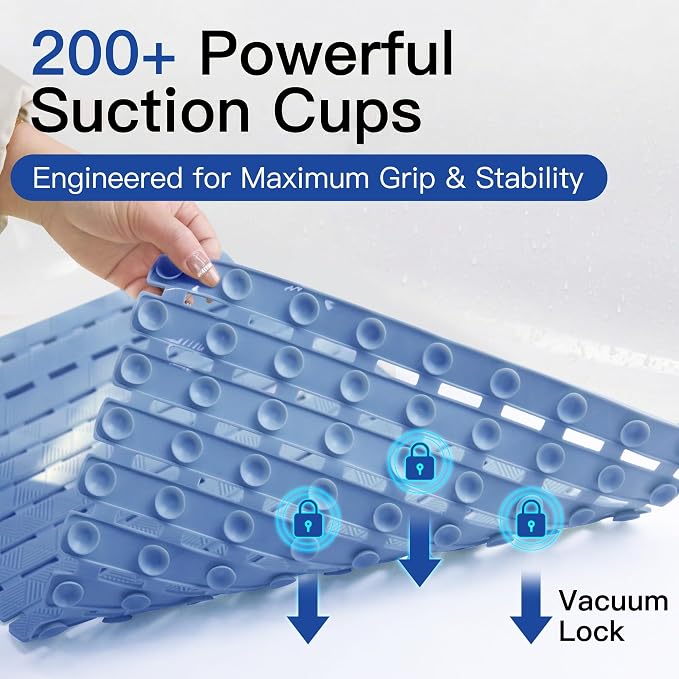 Non Slip Bathtub Mat - Shower Mats for Inside Shower, Rectangular PVC Tub Mat with 200+ Suction Cups for Safety, 27x16 Inch, Pastel Blue