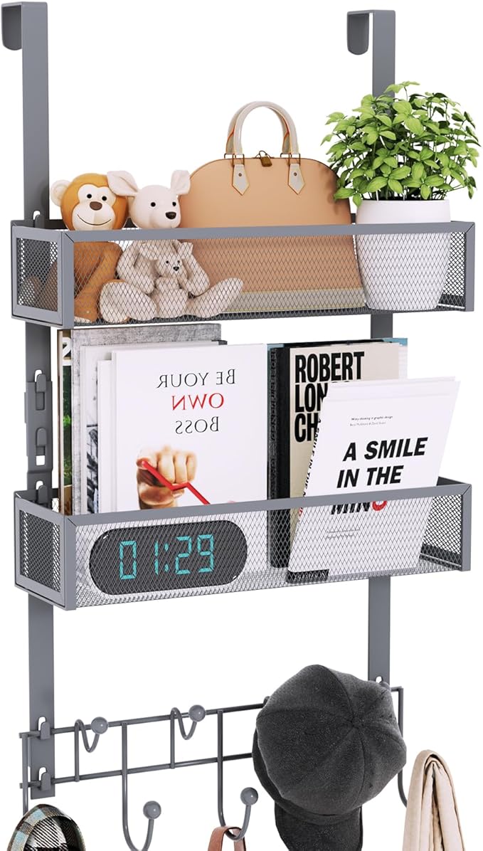 Consumest Over The Door Hooks Organizer - 3 Tier Door Hanger with 9 Coat Hooks & 2 Mesh Basket, Back Storage Organizer Hanging Towels for Bathroom, Bedroom, Grey