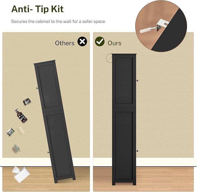 TEENFON 67" H Tall Storage Cabinet with 2 Doors and 1 Drawer, Narrow Black Cabinet with Adjustable Shelves, for Bathroom, Living Room, Entryway, Kitchen, Black
