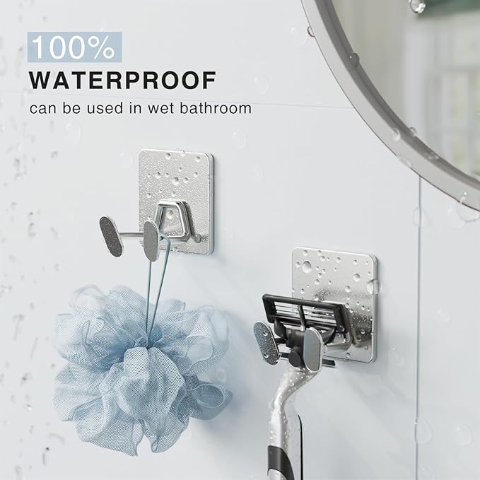 susswiff Shower Hooks for Inside Shower - Extra Sticky Stainless, Razor Holder Accessories, Wall Mounted Self-Adhesive Double Hooks for Razor, Loofah, Towel, Shaver, Coat, Key, Silver 6 Pack