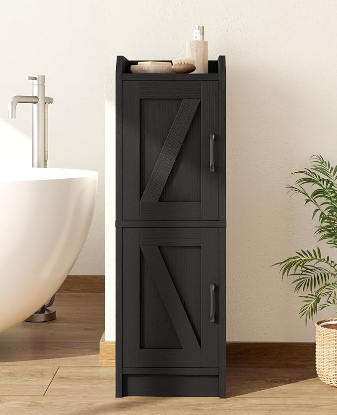 Narrow Bathroom Storage Cabinet with 2 Doors and Shelves, 9.8" W Small Storage Cabinet for Toilet Paper Storage, Slim Cabinet for Small Spaces, Bathroom, Kitchen, 9.8" W × 7.9" D × 29.5" H, Black