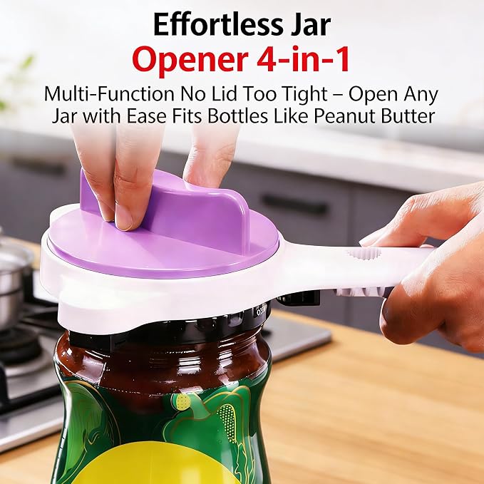 New 4-in-1 Retractable Jar Bottle Opener, Adjustable Stainless Steel Lid Remover with Non-Slip Grip for Seniors, Multi-Functional Jar Opener with Ergonomic Handle for Kitchen Jars Cans Bottles(Purple)