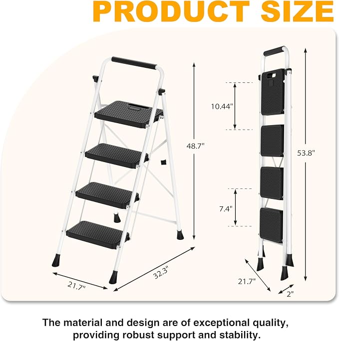 Step Ladder, Portable Steel Folding Step Stool with Wide Anti-Slip Pedal & Convenient Handgrip, Sturdy Steel Ladder, 4-Step, White