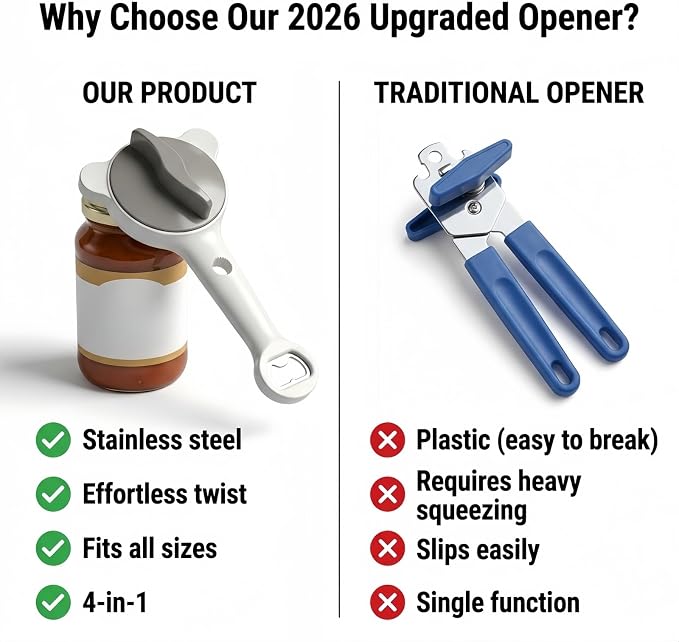 4-in-1 Multifunctional Can Opener & Jar Opener for Seniors - Non-Slip Bottle Opener with Adjustable Stainless Steel Lid Remover, Effortless Opening for Weak Hands, Compact Design for Kitchen (Green)