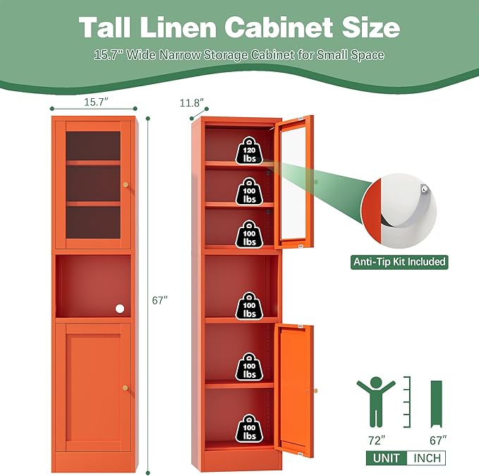 Slim Pantry Cabinet with Hutch, 67" Tall Narrow Storage Cabinets for Small Space,Narrow Metal Corner Cabinet with 3 Adjustable Shelves, Freestanding Tall Bathroom Cabinet for Entryway, Living Room