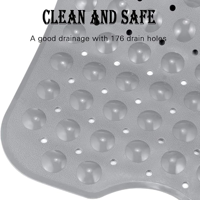 YINENN Bath and Shower Safety Mats 40x16 inch, Non Slip with Suction Cups for Bathroom Stall and Tub Floor, Extra Large and Machine Washable, Drain Holes Keep Bathtub Clean, Grey