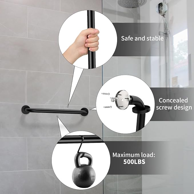 2 Pack 16 Inch Matte Black Shower Grab Bar,ZUEXT Stainless Steel Wall Mount Safety Grab Bar Handle,Bathroom Balance Bar, Safety Hand Rail Support - Handicap, Elderly, Injury, Senior Assist Bath Handle
