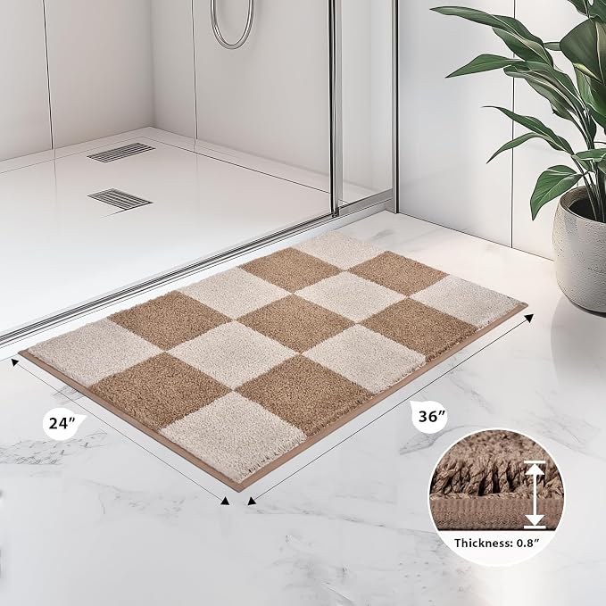anllugs Bathroom Rugs 24" x 36", Non-Slip Extra Soft Absorbent Bath Rugs, Machine Washable Quick Dry Bath Mats for Bathroom Floor, Shower, Bathtub and Sink, Checkered Beige & Grayish Brown