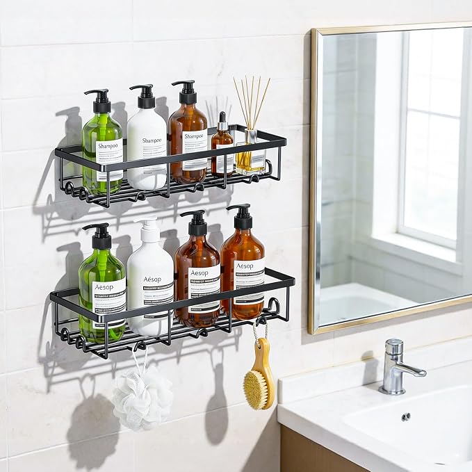 Shower Shelves for Inside Shower, 2 Pack Adhesive Bathroom Caddy Organizer Basket Rack for Storage and Organization, Wall Suction Bath Bathtub Shampoo Holder Set for RV Camper, Black