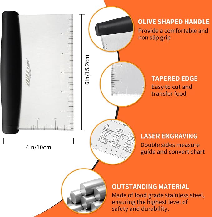 ALLTOP Bench Scraper & Chopper - Baking Essentials,Stainless Steel Blade Knife,Ideal Kitchen Tool for Home Baking and Meal Prep, Bread Making, Pasta,Pastry,Dough and Cake - Set of 2 Pack