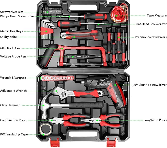 Tool Set, 43 Piece Home Tool Kit for Home with 3.6V Cordless Rechargeable Screwdriver,Basic Household Tool Kit Set for Apartment, College Dorm & DIY Projects