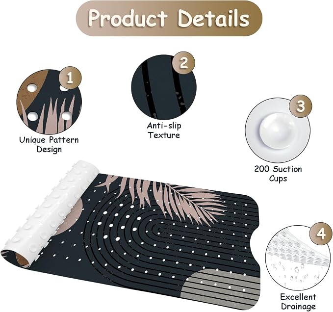 Bathtub Mat Non Slip, Bohemia Extra Long Bath tub Mat Shower Floor Mat with Suction Cups and Drain Holes for Adults Kids Elderly 40 X 16 Inch