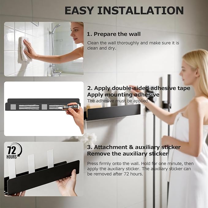 REKITA No Drill Shower Shelf Organizer, 40cm Stainless Steel Bathroom Storage with 4 Removable Hooks, Adhesive Wall Mounted Shower Caddy, Rustproof Bath Shelf for Bathroom Kitchen Living Room