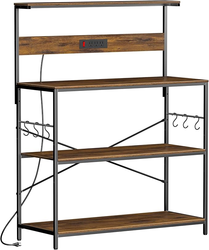 VUSIGN Kitchen Bakers Rack with Power Outlet, 4 Tiers Microwave Stand with Storage, 39.4 Inch Coffee Bar Station with 6 S Hooks, Adjustable Bakers Rack with Storage for Spices/Pans/Pots, Rustic Brown