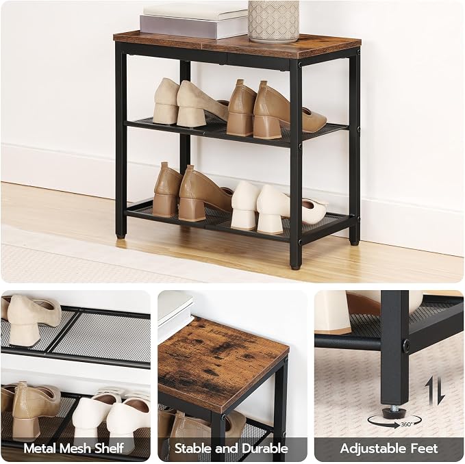 HOOBRO Shoe Bench, 3-Tier Shoe Rack, Industrial Shoe Organizer Storage Bench, 19.7 inches Entry Bench with Mesh Shelves, for Entryway, Living Room, Hallway, Easy Assembly, Rustic Brown BF50HX01