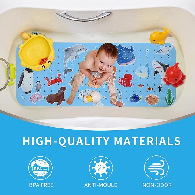 Bath Tub Shower Mat Non Slip Kids Bathtub Mat Anti Slip Baby Bath Mat for Tub 40 x 16 Inch Extra Long Toddler Bath Mat with Suction Cups and Drain Holes for Bathroom Floor,Penguin Seal