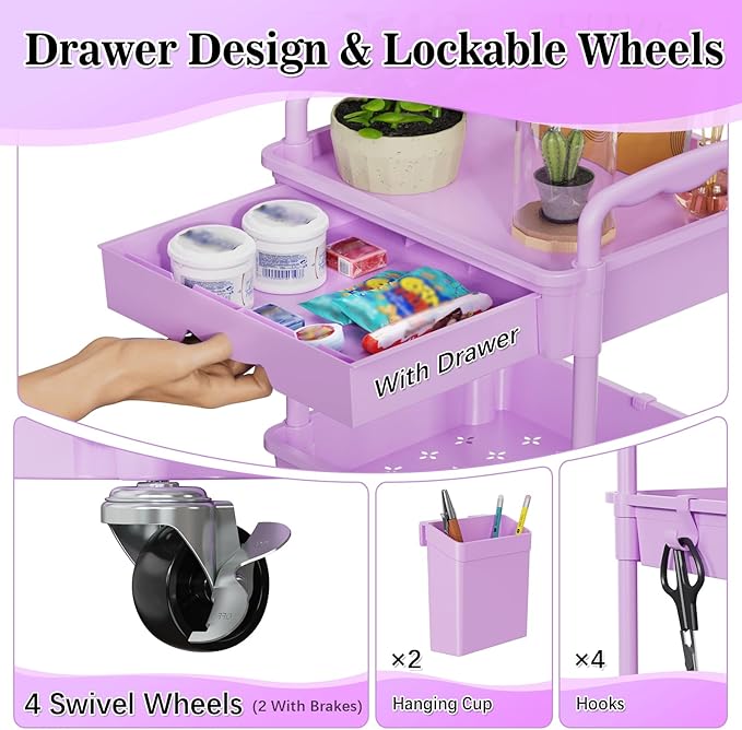 SUNALLY 4 Tier Rolling Cart Organizer with Drawer, Bathroom Storage Carts with Wheels & Plastic Shelf, Mobile Storage Organizers for Kitchen, Office, Laundry Room, Baby, Snack, Craft, Makeup, Purple