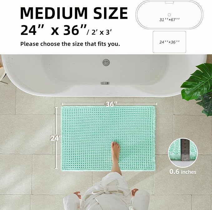 TYUU Waffle Bath Mat, Boho Bathroom Rugs Non Slip Washable Super Absorbent Quick Dry Cute Bath Mat Farmhouse Bathroom Decor, 36"x24" Aqua Blue