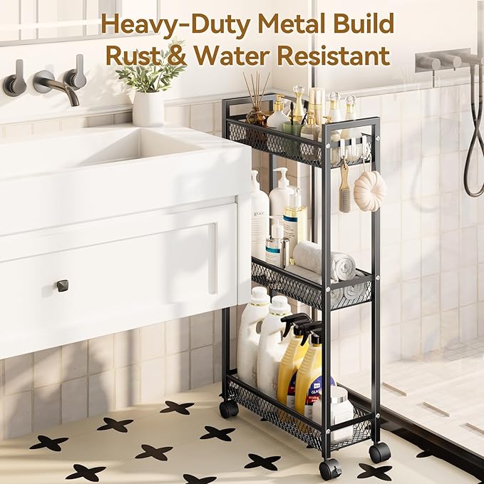 YASONIC Slim Rolling Storage Cart, Metal 3 Tier Bathroom Storage Organizer Laundry Room Utility Cart for Kitchen, Bthroom, Makeup, Craft, Laundry Narrow Places, Black