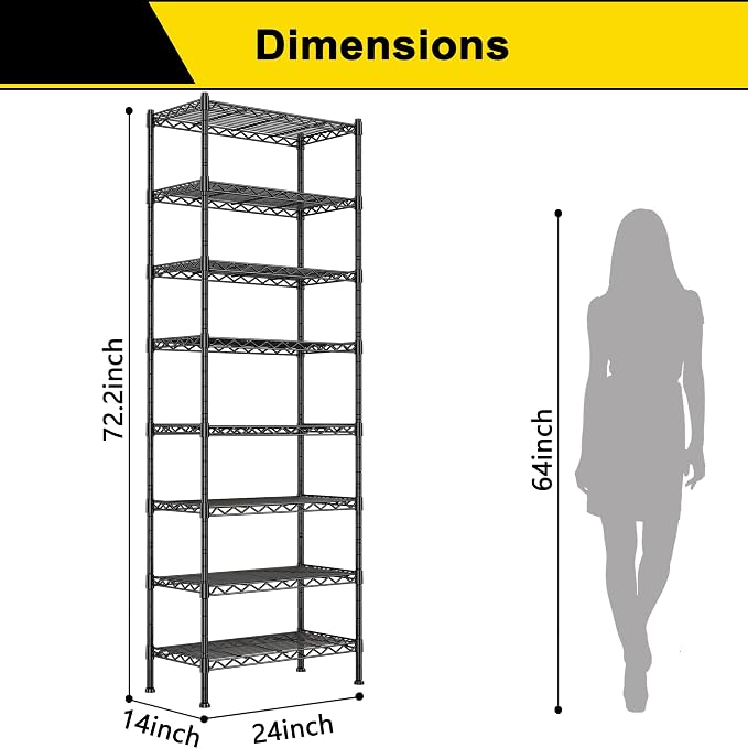 GIOTORENT 8-Wire Garage Shelving Storage Shelves, Kitchen Storage Adjustable Shelf, Metal Shelves 1600Lbs Capacity 24" Lx14 Wx72.2 H for Laundry Bathroom Pantry Closet, Black