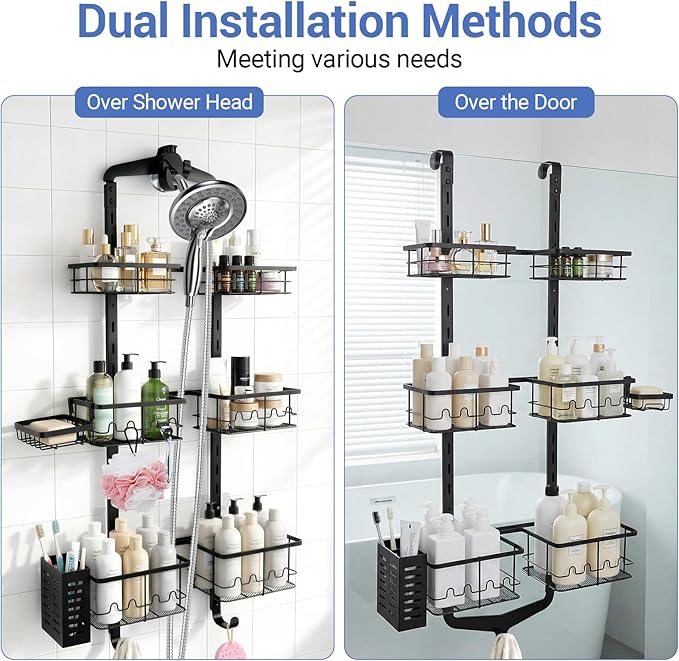 Extra Large Shower Caddy Hanging, Rust-Resistant Shower Organizer Hanging, 3 Tier Height-Adjustable Over the Head Caddy, Rack with Soap Basket (Black)
