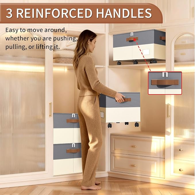 Foyego Shoe Organizer for Closet, Shoe Storage Organizer with Wheels and Adjustable Dividers, Stackable Shoe Storage Box with Clear Cover, Closet Shoe Organizer Fits up to 24-48 Pairs, Gray and Beige