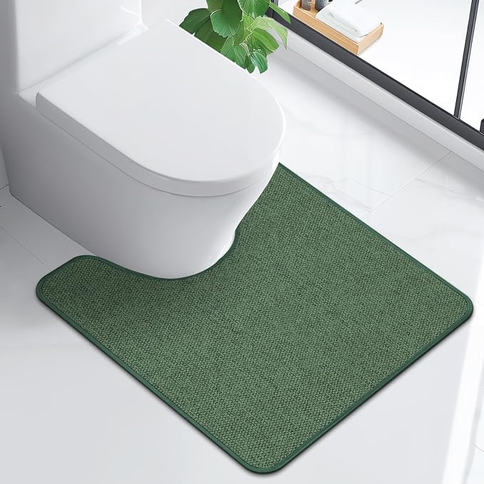 HOMTEB Toilet Rugs U Shaped Washable 24x20, Ultra Thin Toilet Rug Super Absorbent, Toilet Mat Rubber Backing Non-Slip, Toilet Mats Machine Washable Dry Quickly, Contour Bathroom Rugs for Toilet-Green