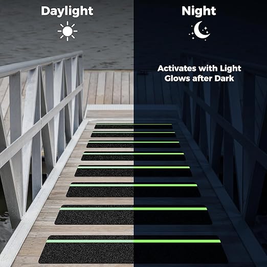 10 Pack 6” x 30” Anti Slip Traction Treads with Glow in The Dark Stripe, Outdoor Waterproof Non Skid Pre-Cut Tape with Roller, High Traction Friction Abrasive Adhesive for Stairs Step