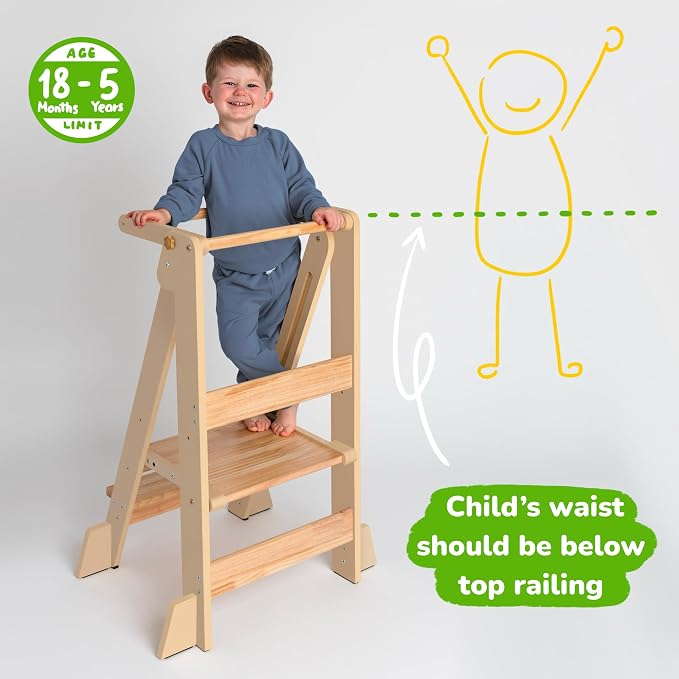 OCODILE Adjustable Foldable Toddler Tower – Folding Tower for Kids | Montessori Toddler Kitchen Step Stool Helper for Independence - Varnished