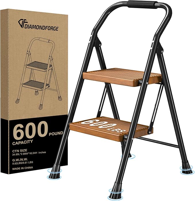 Step Ladder Foldable Folding Stool - for Home Adults Kitchen 2 Stepping Extension Tall Heavy Duty with Handrails - Closet Stepstool Stair Ladders Extendable Stepladder for Indoor House 600Lbs