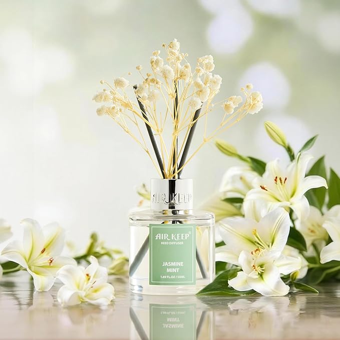 Airkeep Reed Diffuser Set,1.69 fl oz (50 ml) - Jasmine Mint Oil Diffusers with 8 Reed Sticks,Home Fragrance Reed Diffuser for Bathroom Shelf Decor
