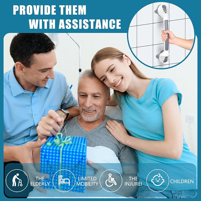 MCDEX Grab Bars for Shower, 2 Pack Shower Handle for Elderly (Gray White) | Safety Signal Indicators, Strong Suction Cup, Easy Installation, No Drill, Removable, Anti-Slip, Waterproof
