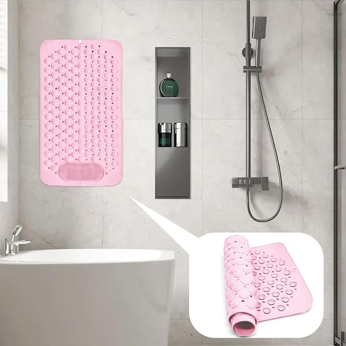 Bath Tub Shower Mat, 27x14 inch Non Slip Bathtub Mat with Suction Cups, Anti Slip Shower Mat with Drain Holes Suction Cups,Shower Foot Scrubber Mat Foot Massage BathMat (Pink)