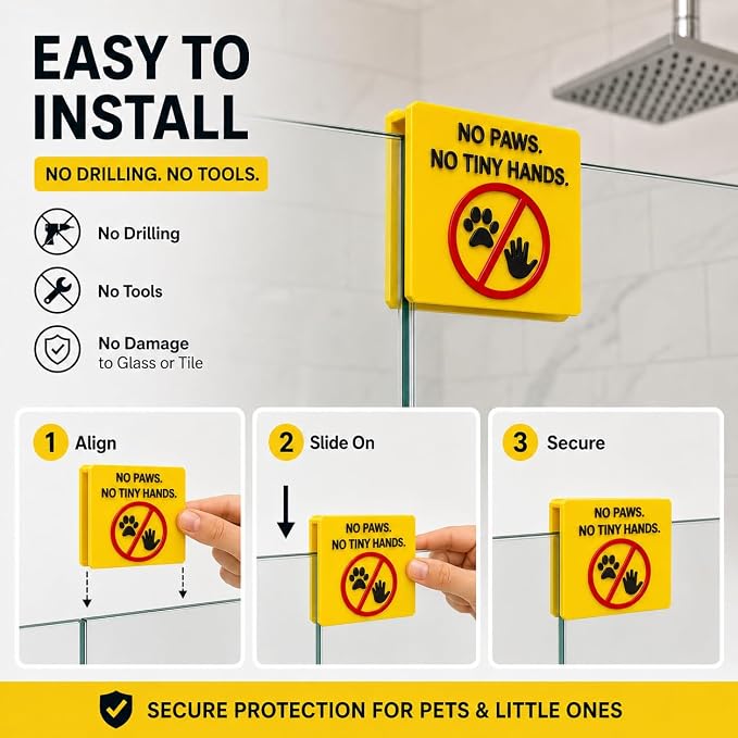 Frameless Glass Shower Door Lock Sleeve - Baby Proofing & Pet Stopper for Bathroom Sliding Doors - No-Drill Security Bumper,Funny Sign – (Yellow, 1/2 inch)