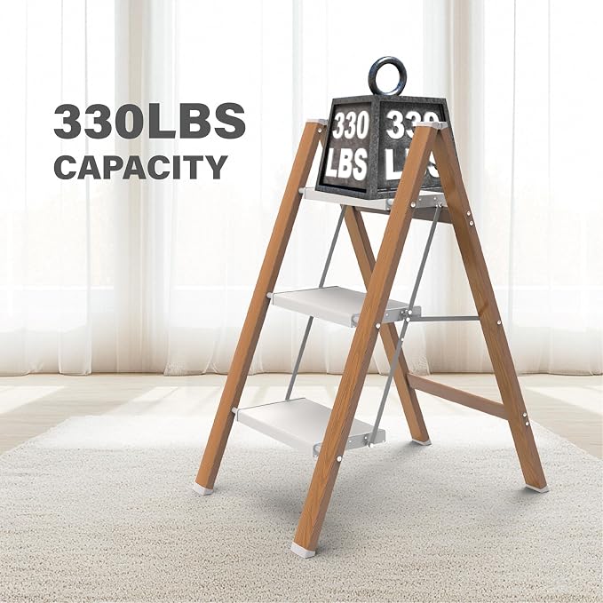 3 Step Ladder, Folding Aluminum Step Stool with Anti-Slip Wide Steps for Adults, Ideal for Kitchen, Closet, Bedroom, 330 lbs Capacity (Woodgrain) (Light Woodgrain, 3 Step)