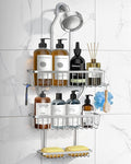 Shower Caddy Hanging - Never Rust Shower Hanging Organizer - Aluminum Over the ShowerHead Caddy with Soap Basket and 6 Hooks for Razor/Sponge (Shiny Silver)