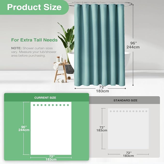 Dynamene Extra Long Shower Curtain,96 Inch Long Waffle Weave Heavy Duty Thick Fabric Bathroom Shower Curtain, Neutral Weighted Hotel Bath Curtain Set with 12 Plastic Hooks,72x96,Teal