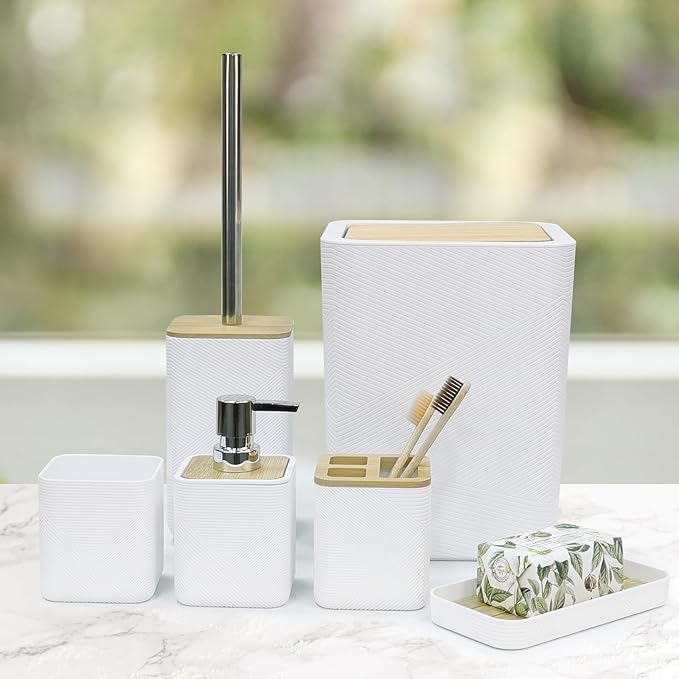 CERBIOR Bathroom Accessories Set 6 Piece Bamboo Bath Ensemble Includes Soap Dispenser, Toothbrush Holder, Toothbrush Cup, Soap Dish for Decorative Countertop and Housewarming Gift (White)