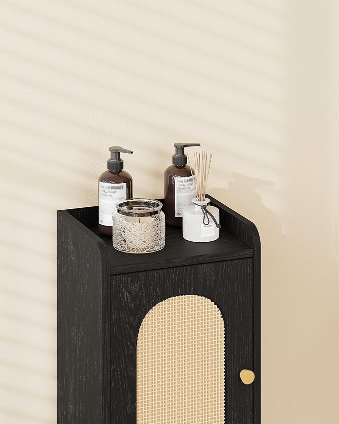 Hzuaneri Bathroom Storage Cabinet, Small Corner Floor Cabinet with 2 Doors and Adjustable Shelf, Narrow Toilet Paper Cabinets, Bathroom Organizer for Small Spaces, 7.9" D x 9.8" W x 29.5" Rattan Black