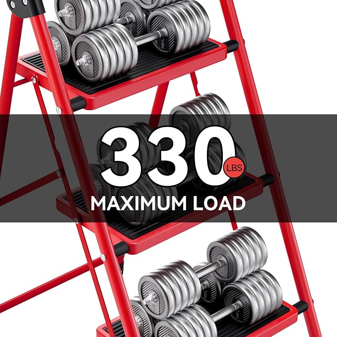KINGRACK Step Ladder, Folding Ladder with Non-Slip and Wide Pedal, Small Ladder with Handle, Heavy Duty Steel Stool, Lightweight Step Ladder (Red, 3 Step Stool)