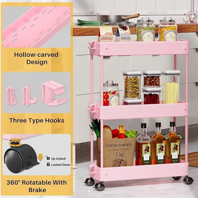SPACEKEEPER Slim Rolling Storage Cart, 3 Tier Bathroom Organizer Utility Cart Laundry Room Organization Mobile Shelving Unit for Kitchen, Bathroom, Office, Bedroom, Narrow Places, Pink