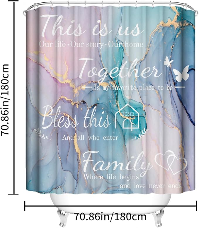 4Pcs Family Marble Shower Curtain Sets with Rugs,Pink Blue Home Inspirational Bathroom Decor Set, Bathroom Sets with Shower Curtain and Rugs, Waterproof Bathroom Shower Curtains, with 12 Hooks