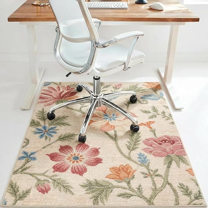 48"x72" Office Chair Mat for Hardwood Tile Floor, Under Desk Carpet Protector for Rolling Computer Chair Mat, Machine Washable Area Rug, Anti-Slip 1/5" Thick Low Pile Thin Vinyl Floor Mat, Blush Cream