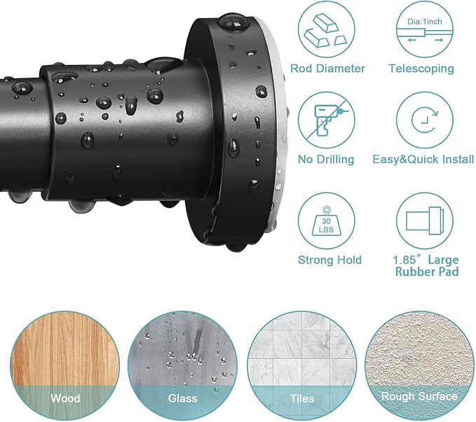 YNL Black Shower Curtain Rod 32-64 Inch(2.7-5.33ft), Non-Slip, Never Rust, Stainless Steel No Drill Spring Tension Shower Rod, Adjustable Curtain Rod for Small Window Doorway Closet