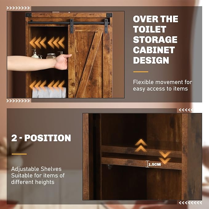 Over The Toilet Storage Cabinet, Behind Toilet Bathroom Organizer with Adjustable Shelves, Above Toilet Organizers with Barn Door, Space Saver for Restroom, Bathroom, Laundry, Brown