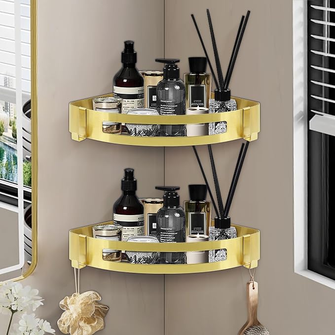 NearMoon Bathroom Shower Caddy 2 Pack, 304 Stainless Steel Shower Organizer with 2 Hooks, No Drill (Corner Shelf, Gold)