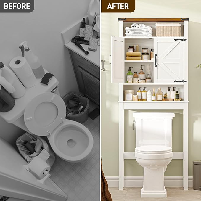 Halitaa Over The Toilet Storage Cabinet, Farmhouse Over Toilet Bathroom Organizer with 2 Barn Doors, Narrow Above Toilet Storage Cabinet, Behind Toilet Bathroom Organizer, White and Brown