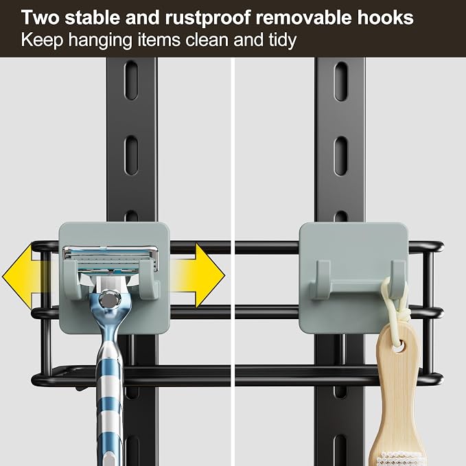 Orimade Adjustable Anti-slip Shower Caddy over Head, Rustproof Bathroom Hanging Organizer with 2 Hooks for Razor, No Drilling Shower Shelves Storage Rack 3 Tier, Black